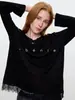 [Original] Camiseta de Manga Larga con Retazos de Encaje de Lana Tencel, Delgada, Ligeramente Transparente, Corte Relajado y Holgado, Top Básico Casual