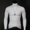 Camisa de manga comprida básica gola alta masculina algodão primavera, outono e inverno nova cor sólida slim stretch T-shirt masculina top preto