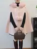 2025 Novo Outono e Inverno Capuz Bola de Pelo Tricô Lã Dupla Face Manto Outerwear Comprimento Médio Pequeno Suéter Jacket Perfumado para Mulheres