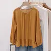 Camisa fina de algodón y lino naranja para mujer, nueva colección de otoño 2026, talla grande, efecto adelgazante, con dobladillo fruncido, top protector solar