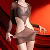 Vestido bodycon sexy, brillante, transparente, de manga larga, con corte en la cintura revelador, conjunto de lencería y medias ajustadas para mujer, estilo 'hot girl'