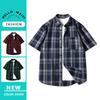 Camisa Estilo Hong Kong para Hombre Verano Manga Corta Camisa a Cuadros Retro Holgada Moderna Marca Top de Media Manga Chaqueta Casual para Adolescentes