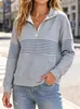 Nova blusa de moletom listrada com meio zíper, modelagem solta e mangas compridas, para mulheres, casual e versátil, adequada para primavera e outono