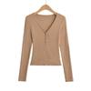 Camiseta retro de cachemira estilo europeo y americano con cuello en V y manga larga para mujer, cárdigan con botones para otoño, multiusos, sexy, ajustada, camiseta básica para chica hot