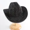 Sombrero de Cuero Occidental Transfronterizo con Pedrería, Accesorio de Escenario de Moda, Sombrero Jazz Brillante de Ala Curva, Sombrero de Vaquero al por Mayor
