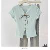 Camiseta de Manga Corta de Hombro Regular con Lazo Suave Estilo Francés Ceñida a la Cintura para Mujer, Tejido de Punto Verano Nuevo Top Versátil de Corte Slim