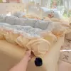 Conjunto de cama de quatro peças macio e como uma nuvem, com acabamento em renda, 100% algodão, estilo coreano, adequado para dormitórios de estudantes, conjunto de lençóis de três peças