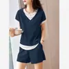 Conjunto Esportivo Slim-Fit com Patchwork de Cores Contrastantes, Blusa Estilo Duas Peças com Manga Curta + Shorts de Cintura Elástica, Conjunto de Duas Peças Verão Feminino