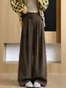 Pantalones de pana marrones para mujer, pantalones de traje otoño cintura alta holgados adelgazantes, rectos de pierna ancha fluidos para petite