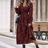 Baifenshiyi Comércio Exterior Primavera e Outono Elegante Europeu e Americano Roupas Femininas Transfronteiriça Vestido Vermelho Estampado de Manga Longa Saia Longa