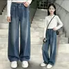 Calça Jeans Feminina Estilo Primavera e Outono para Meninas Mais Velhas Moda Elegante Calça Wide Leg para Meninas Alunos do Ensino Fundamental Calça Camélia Casual