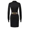Elegante Vestido Largo de Manga Larga con Cinturón y Cuello Semi Alto para Mujer, Temporada de Primavera y Otoño, Estilo Puro Deseo, Cintura Ceñida, Ajustado al Cuerpo, Vestido Corto Bodycon Sexy