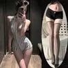 Lencería Sexy Escote Profundo Espalda Descubierta Estampado Rayado Abertura en la Entrepierna Body Ajustado Puro Deseo para Mujer Ropa de Casa