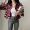Camisa a Cuadros Nueva Primavera y Otoño 2026 Chic Coreano Otoño Corta de Manga Larga con Cuello de Solapa a Cuadros para Mujer
