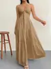 Vestido de Verano Nuevo Estilo Europeo y Americano de Color Sólido Sin Tirantes Sexy Espalda Descubierta Halter con Lazo para Vacaciones en la Playa