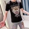 Camiseta de Algodão Cabeça de Tigre Europeu Moderna Strass Pesado Gola Redonda Luxo Leve Ajuste Slim Design de Nicho Masculino Manga Curta