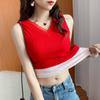Chaleco Cálido con Forro Polar Engrosado Cuello en V de Encaje Invierno Nuevo Estilo para Mujer Ajustado Sin Mangas Elástico Camiseta Básica Top