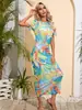 Vestido Curto Estampado Estilo Europeu e Americano Novo para Mulheres 2026, Vestido Longo de Verão para Férias na Praia, Vestido Casual de Malha na Moda