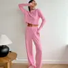 Nuevos Pijamas Casuales de Punto Jacquard de Primavera y Verano Europeos y Americanos, Cárdigan de Manga Larga, Pantalones, Transpirables, Conjunto de Dos Piezas para Mujer, Ropa de Casa