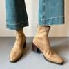 Botines Cortos Marrones Retro Ante Tacones Altos Botas Estrechas Tacón Grueso Cremallera Trasera Cálidas Elásticas Estilo Otoño e Invierno