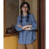 Primavera 2025 Novo Japonês Casual Solto Senso de Design Elegante Bolso Duplo Empilhado Camisa Jeans de Manga Longa para Mulheres