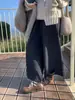 Calça de Tricô de Lã Cinza Escuro para Mulheres 2025 Nova Outono e Inverno Solta Reta de Perna Larga Cropped para Figuras Baixas