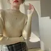Toma real~ Suéter de punto coreano simple con retazos de malla para otoño e invierno, camisa base de punto versátil de ajuste ceñido con cuello semi-alto para mujer