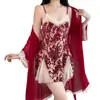 Lingerie Sexy, Tentação Doce, Pijama de Manga Voadora, Decote em V Profundo Costas Nuas Com Bojo, Camisola Flocked, Robe Exterior, Conjunto Feminino