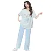 Bona Si Conjunto de Pijama Feminino de Algodão com Manga Curta e Calça Sete Quartos Desenho Animado Fofo Casual Roupa de Casa