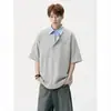 Camisa Falsa de Dos Piezas Estilo Americano con Cuello, Polo de Manga Corta para Hombre, Marca de Moda, Corte Holgado, Camiseta Casual con Parches de Media Manga para Hombre