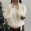 Suéter de manga larga para mujer, estilo coreano, otoño e invierno 2024, color sólido, rojo navideño, con cuello en V y bufanda, top