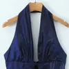 8161-26 Novo Estilo de Primavera Cedo Francês Puro Desejo Azul Retrô Costas Nuas Decote em V Franzido Vestido Justo