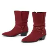 Botas de moda de otoño e invierno transfronterizas de media pantorrilla, zapatos de slip-on de color liso talla grande, tacones altos ligeros versátiles de punta fina