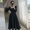 Vestido Negro Pequeño Estilo Hepburn para Mujer 2026 Primavera Otoño Nuevo Retro Cuello Cuadrado Largo Hasta la Rodilla Vestido de Temperamento Negro Falda Larga