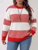 Ropa de talla grande para mujer de comercio exterior europeo y americano transfronterizo, tops de suéter para mujer, prendas de punto de moda a rayas y bloques de color casuales para otoño e invierno para mujeres