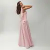 Vestido corpete de alça fina estilo europeu e americano transfronteiriço, saia longa de chiffon com barra ampla, vestido longo elegante com amarração nas costas, poliéster