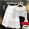 Conjunto de Dos Piezas para Niña Primavera y Otoño: Cárdigan Tejido con Adorno de Encaje Azul + Falda Larga de Encaje Blanco