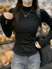Camiseta Base de Rayón Cepillado de Cuello Medio para Mujer, Primavera, Otoño, Invierno, Color Sólido, Corte Ajustado, Canalé, Plisado, Ceñido a la Cintura, Elástico, Venta al por Mayor
