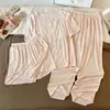 Conjunto de Pijama de Tres Piezas para Mujer, Estilo Delgado de Verano con Copas en el Pecho, Cuello en V Tejido, Manga Corta Estampada, Pantalón Largo, Ropa de Casa de Verano