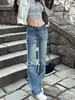 Jeans Americanos de Calle de Tiro Bajo Micro-Campana para Mujer Verano Nuevo Diseño Picante Chica Sentido de Diseño Nicho Ajustados Versátiles Elásticos