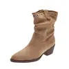 Botas de Moda Diaria de Punta 2026, Botas Retro de Gamuza para Mujer hasta la Pantorrilla, Tacón Grueso que Aumenta la Altura para Otoño, Color Sólido, Adelgazantes