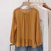 Camisa naranja ligera de algodón y lino para mujer, nuevo estilo otoño 2026, talla grande, adelgazante, con ribete de volantes, top protector solar