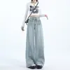 Jeans Feminino de Cor Clara, Modelo Largo e Solto, Cintura Alta com Dupla Fivela, Cobre o Quadril, Slim-fit, Versão A, Calça de Mergulho