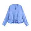 Venta al por mayor Primavera 2026 Nueva Ropa Femenina Estilo Europeo y Americano, Elegante Camisa de Manga Murciélago con Cuello en V y Cordón en la Cintura 6214