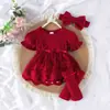 Conjunto de Ropa de Bebé y Niños para Comercio Exterior de Amazon, Estilo Europeo y Americano, Mameluco de Malla Patchwork con Mangas Abullonadas de Verano + Calcetines para Pies + Diadema