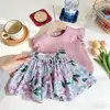 Conjunto de Niña Verano Nuevas Llegadas Niña Pequeña Mangas Acampanadas Manga Corta Elegante Bebé Estampado Floral Shorts Conjunto de Dos Piezas Moda Tendencia
