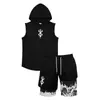 Conjunto de Roupa de Banho Masculina com Capuz Sem Mangas Estampado e Colete Versátil de Cor Sólida - Novo Lançamento Transfronteiriço Amazon Europeu e Americano
