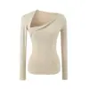 Camiseta Ajustada de Manga Larga con un Hombro Descubierto Estilo Chica Picante para Mujer Otoño Gris Corte Delgado Favorecedora Capa Base Estilo Puro Deseo Top Versátil