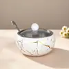 Taza de Azúcar Grande de Acero Inoxidable con Forma de Cuenco, Frasco de Condimentos de Acero Inoxidable con Forma de Tambor, Tapa de Vidrio, Caja de Condimentos Visible con Cuchara Pequeña