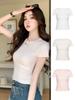 H586 Camiseta Branca de Manga Curta Slim-fit Selecionada Rigorosamente Top Spice Girl de Verão Gola Redonda Ombro Feminino Elástico Emagrecimento Por Dentro e Por Fora